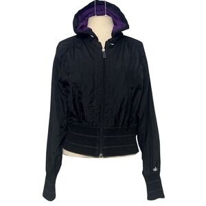 Alo Black Nylon Cool Fit Lined Hooded Zip Up Jacket Black Purple Athleisure Yoga
